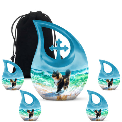 Azure Cat Cremation Urn urn with complimentary velvet bag - cross and cat combined in spiritual memorial design - memorial set with one large and four small urns