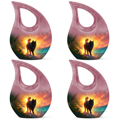 Fiery Red Cat Cremation Urn lifestyle display on memorial shelf - devotional cross-drop cat engraving - 10 inch aluminum urn for cremated remains