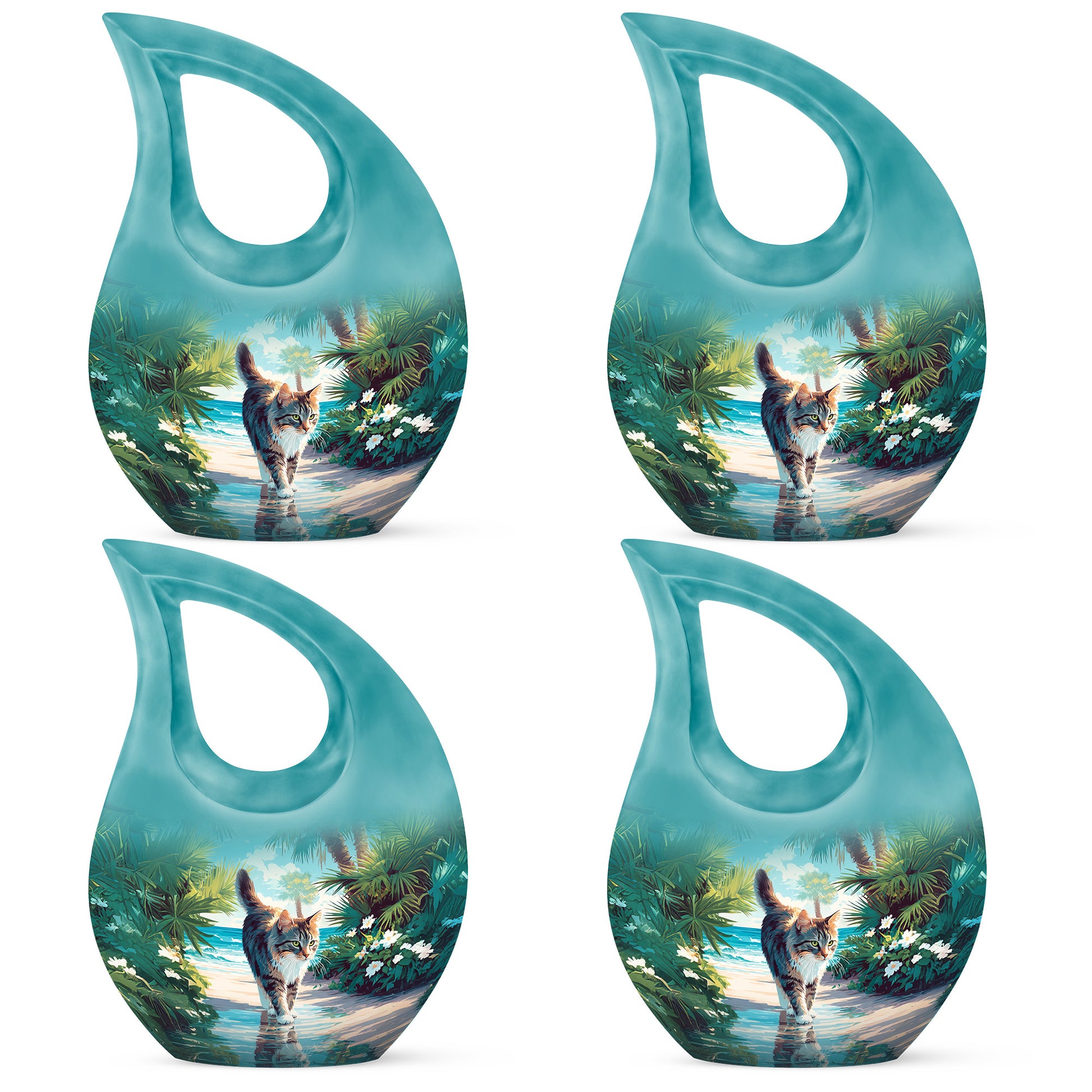 Aqua Teal Cat Cremation Urn lifestyle display on memorial shelf - faith-inspired cross-drop urn with cat pattern - 10 inch aluminum urn for cremated remains
