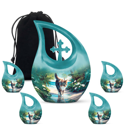 Soft Teal Cat Cremation Urn urn with complimentary velvet bag - cross and cat combined in spiritual memorial design - memorial set with one large and four small urns
