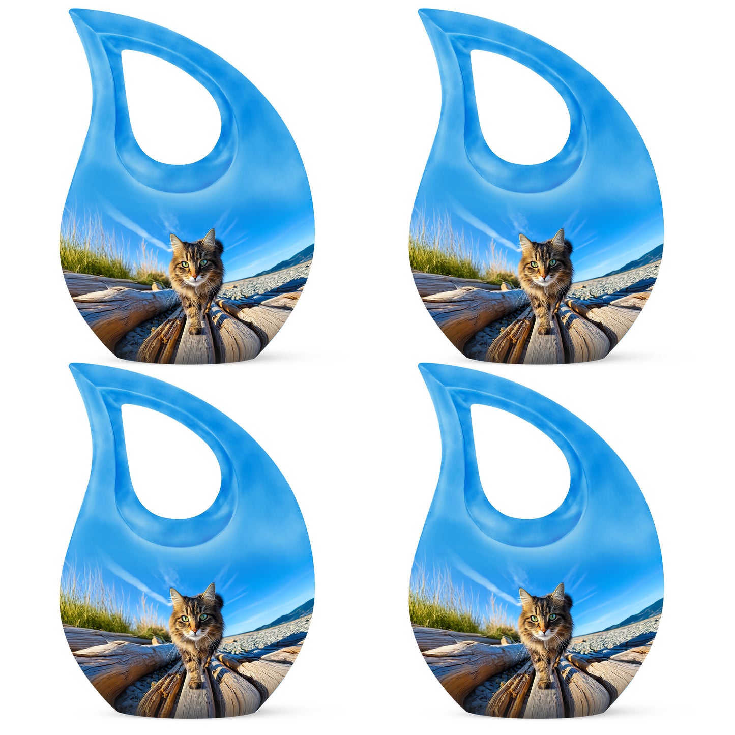 Pastel Blue Cat Cremation Urn lifestyle display on memorial shelf - sacred cross merged with cat motif on metal - 10 inch aluminum urn for cremated remains