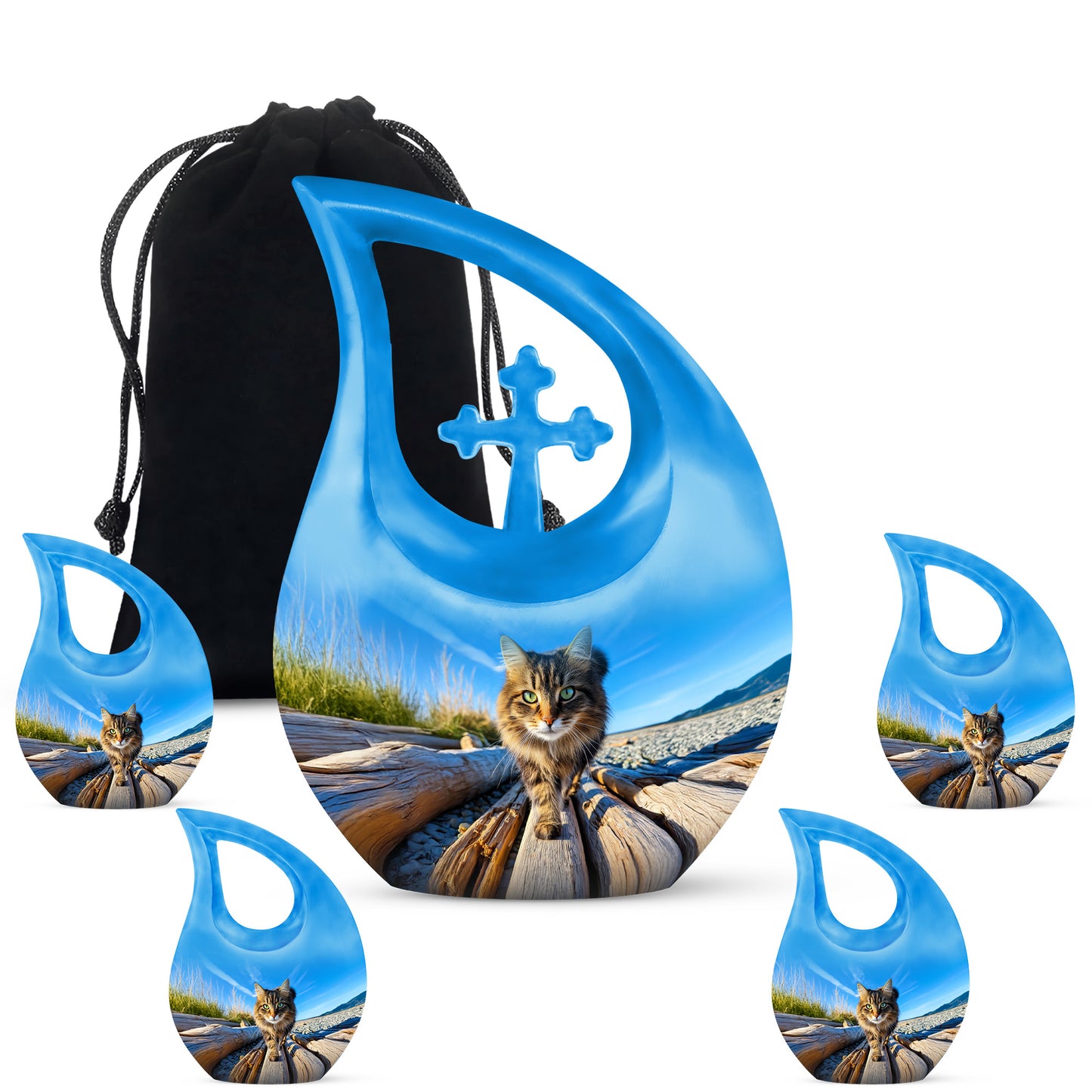 Vivid Blue Cat Cremation Urn urn with complimentary velvet bag - devotional cross-drop cat engraving - memorial set with one large and four small urns