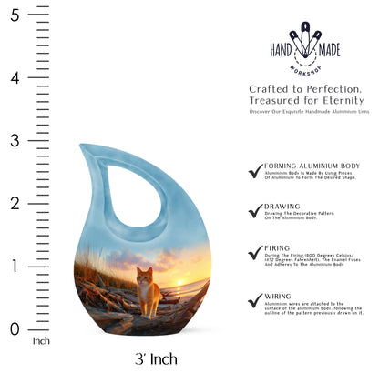 Vivid Blue Cat Cremation Urn back view with polished surface - devotional cross-drop cat engraving - mini keepsake memorial for portion of cremation ashes