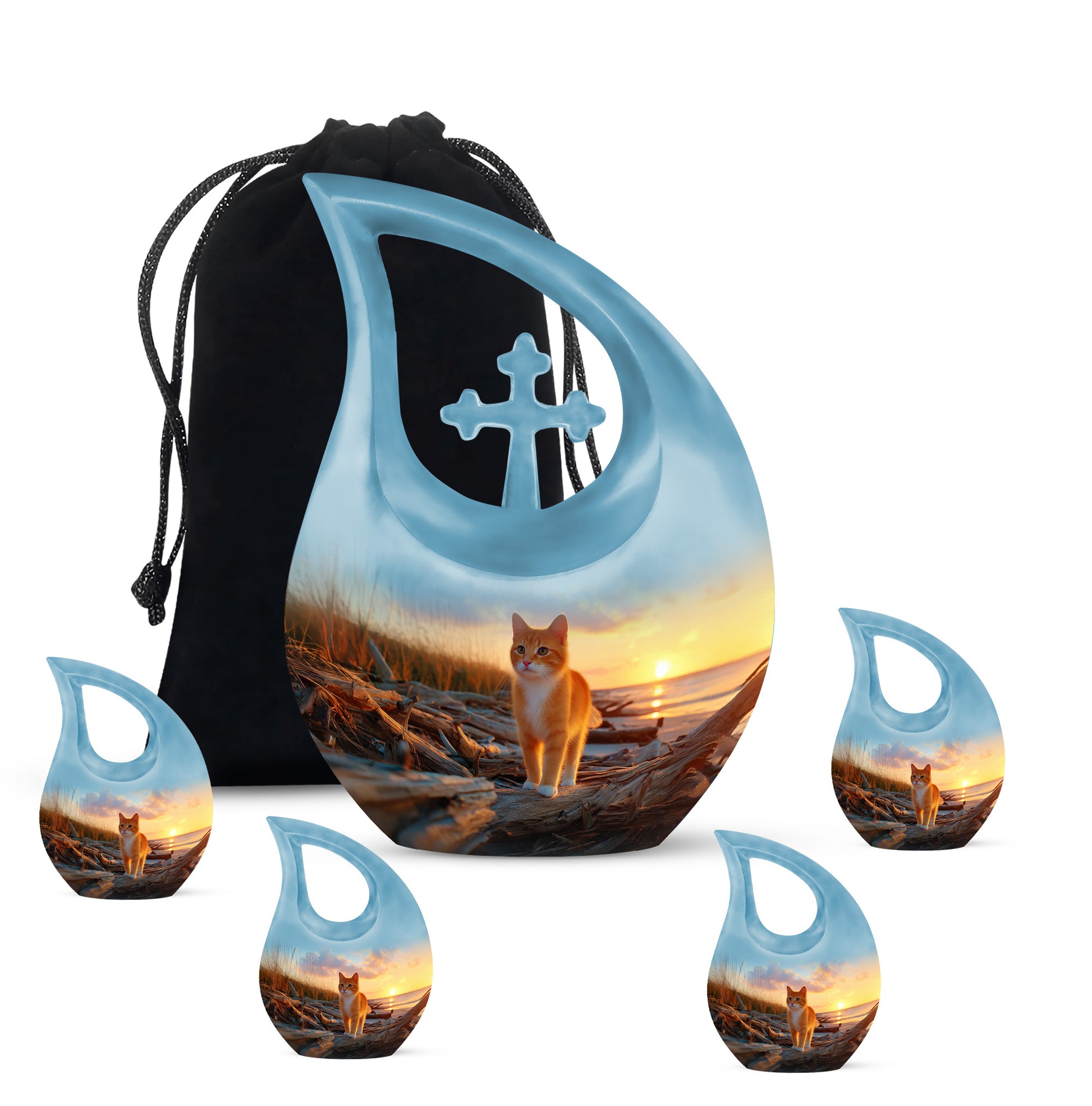 Calming Blue Cat Cremation Urn urn with complimentary velvet bag - faith-inspired cross-drop urn with cat pattern - memorial set with one large and four small urns