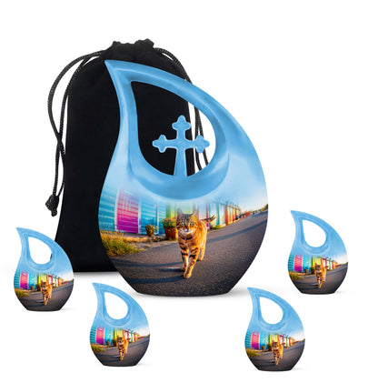 Cool Teal Cat Cremation Urn urn with complimentary velvet bag - sacred cross merged with cat motif on metal - memorial set with one large and four small urns