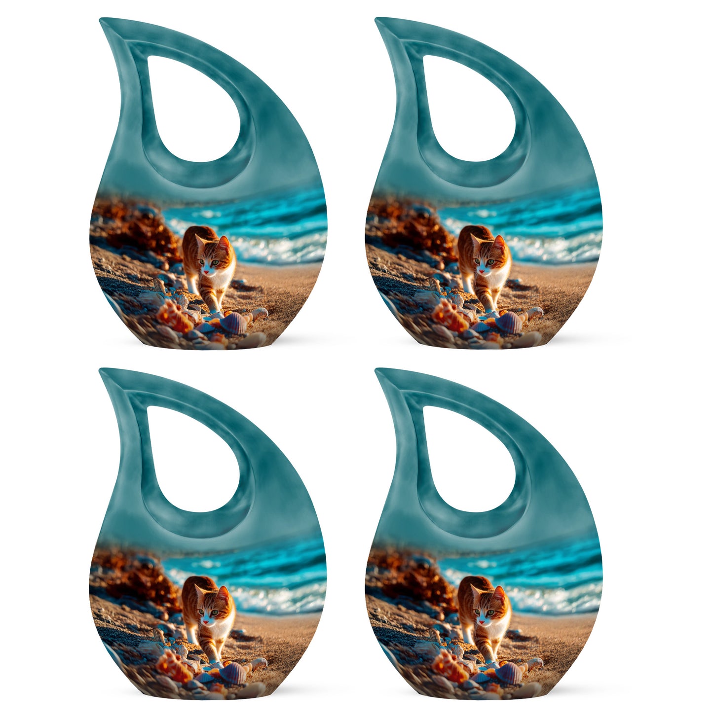 Tropical Teal Cat Cremation Urn lifestyle display on memorial shelf - devotional cross-drop cat engraving - 10 inch aluminum urn for cremated remains