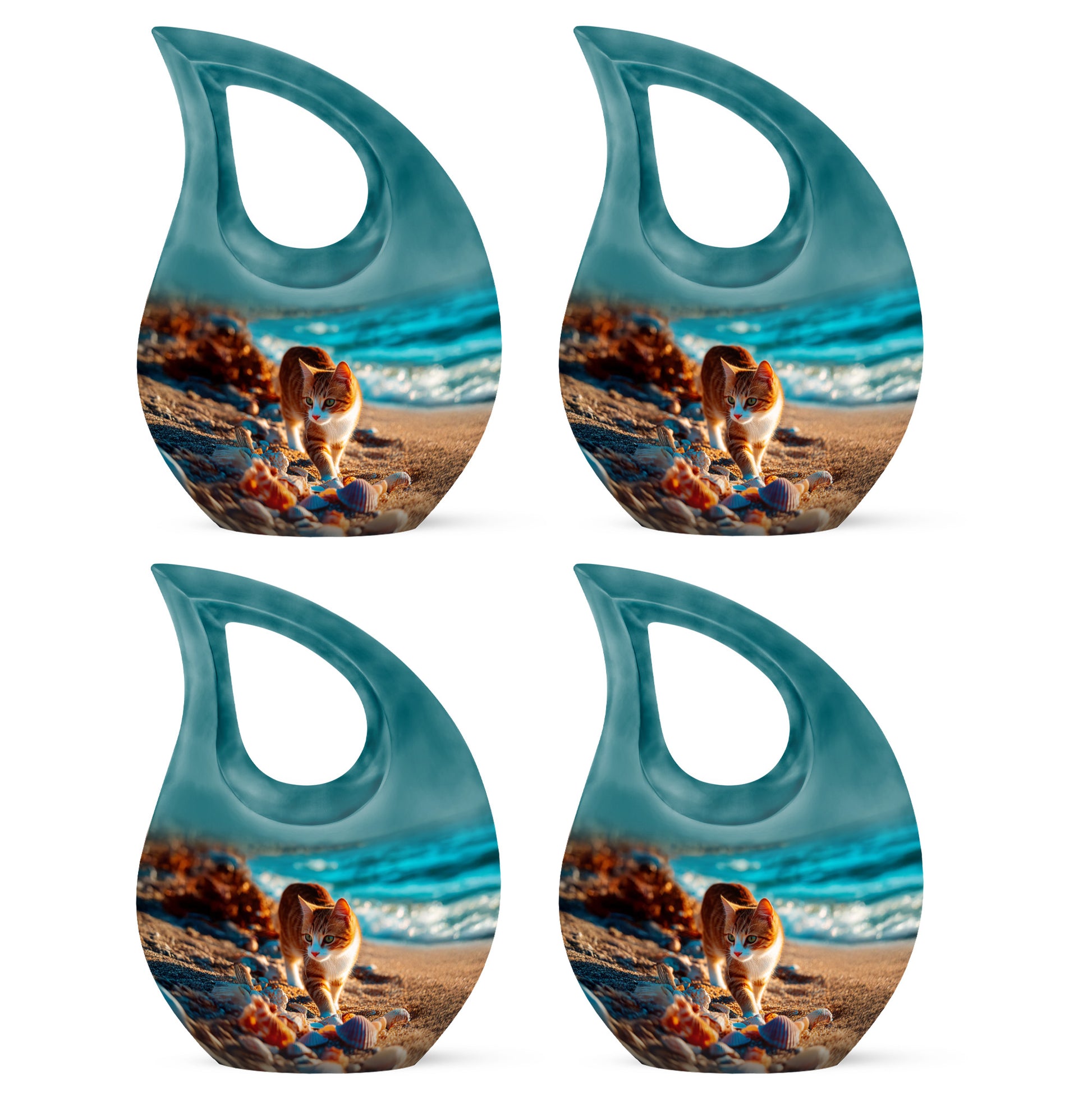 Tropical Teal Cat Cremation Urn lifestyle display on memorial shelf - devotional cross-drop cat engraving - 10 inch aluminum urn for cremated remains