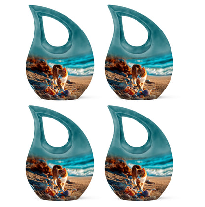 Tropical Teal Cat Cremation Urn lifestyle display on memorial shelf - devotional cross-drop cat engraving - 10 inch aluminum urn for cremated remains