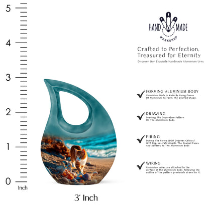Jewel Teal Cat Cremation Urn back view with polished surface - sacred cross merged with cat motif on metal - mini keepsake memorial for portion of cremation ashes