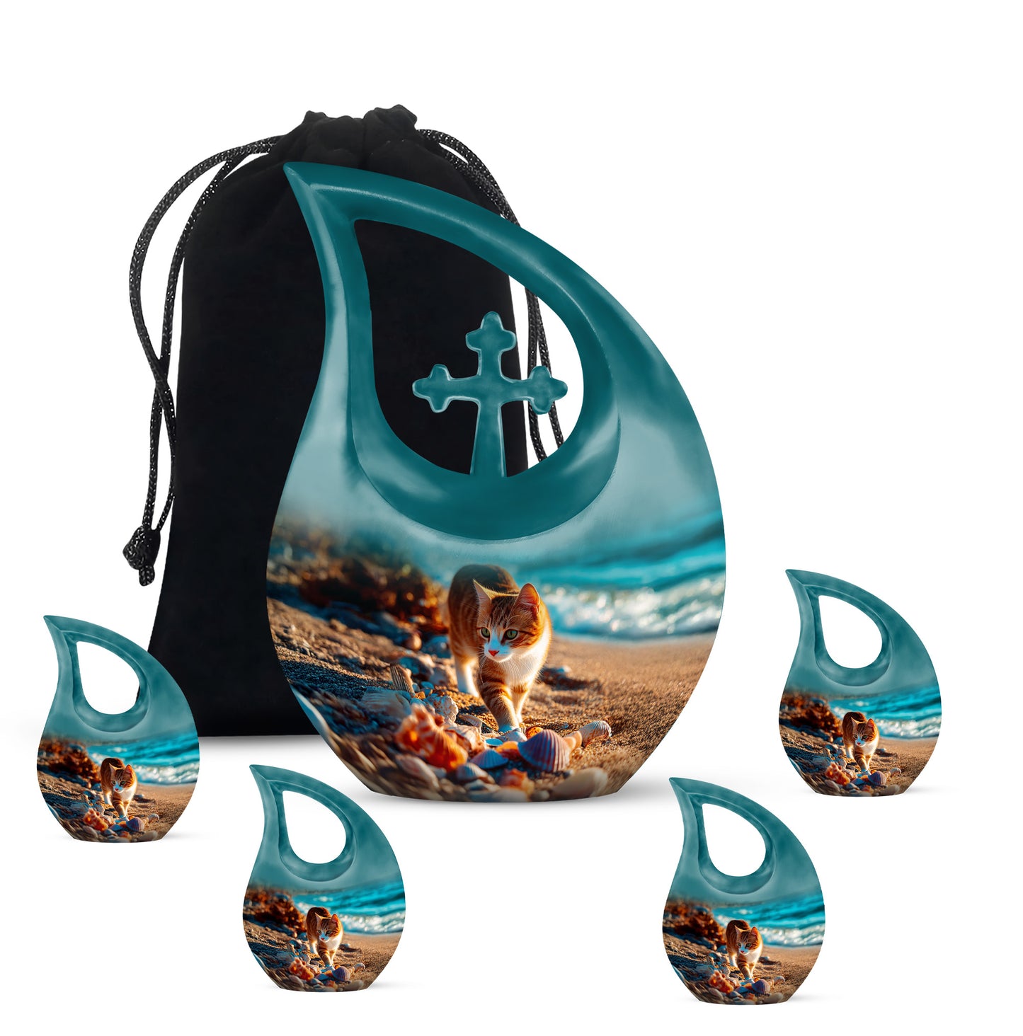 Sea Green Teal Cat Cremation Urn urn with complimentary velvet bag - sacred cross merged with cat motif on metal - memorial set with one large and four small urns