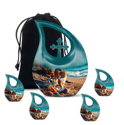 Sea Green Teal Cat Cremation Urn urn with complimentary velvet bag - sacred cross merged with cat motif on metal - memorial set with one large and four small urns