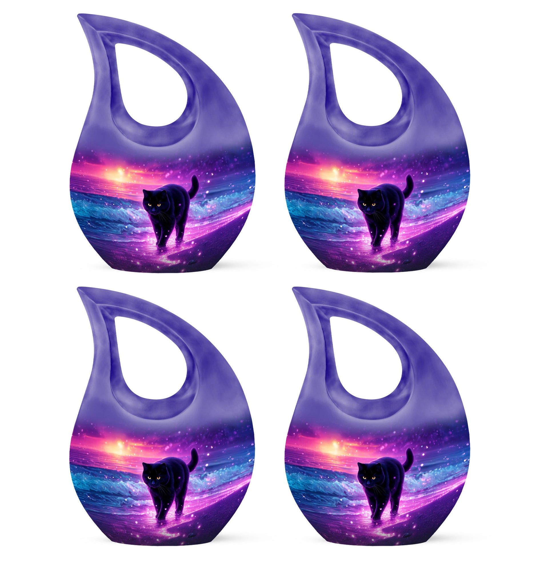 Lavender Purple Cat Cremation Urn lifestyle display on memorial shelf - devotional cross-drop cat engraving - 10 inch aluminum urn for cremated remains