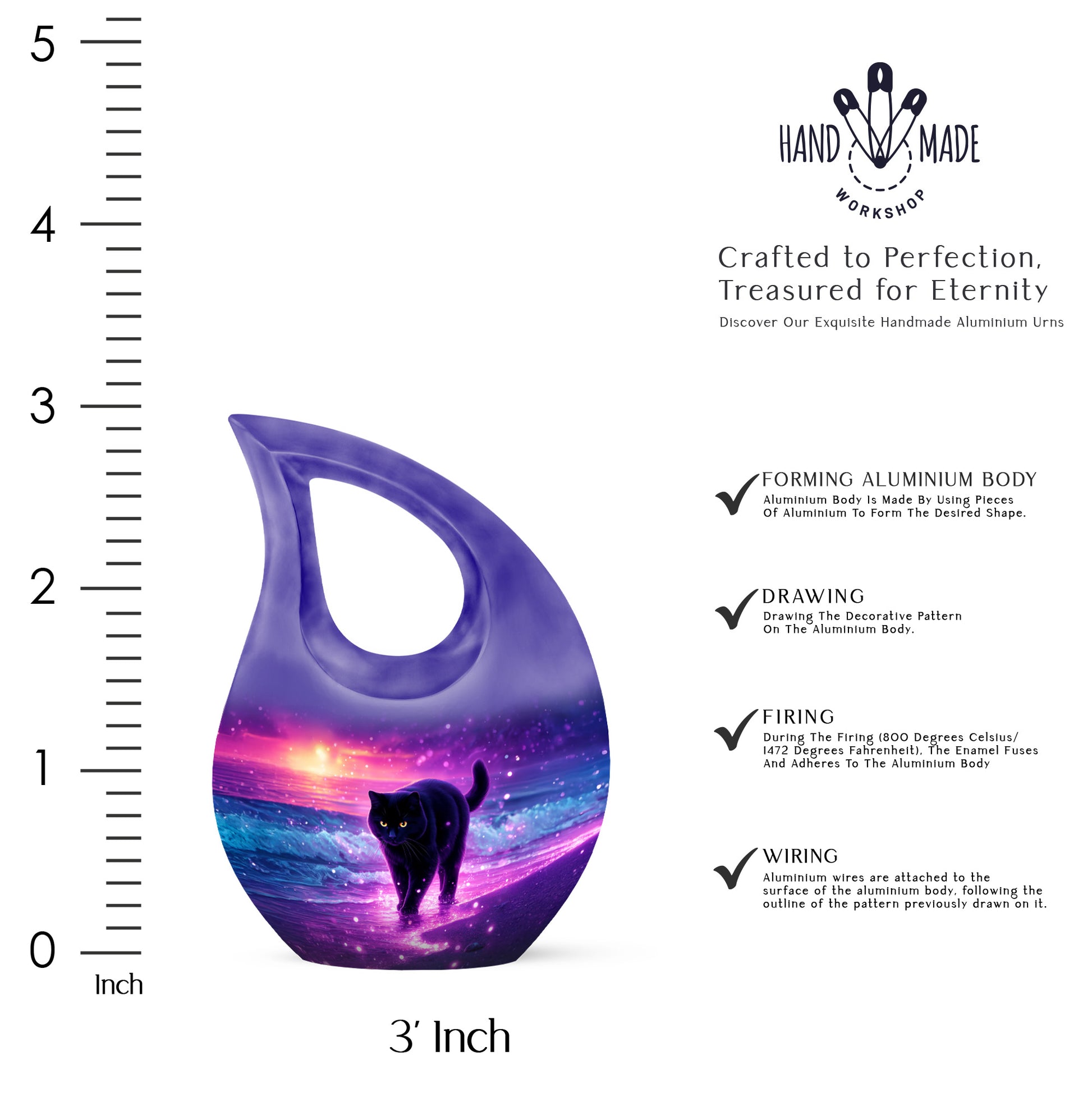 Grape Purple Cat Cremation Urn back view with polished surface - devotional cross-drop cat engraving - mini keepsake memorial for portion of cremation ashes