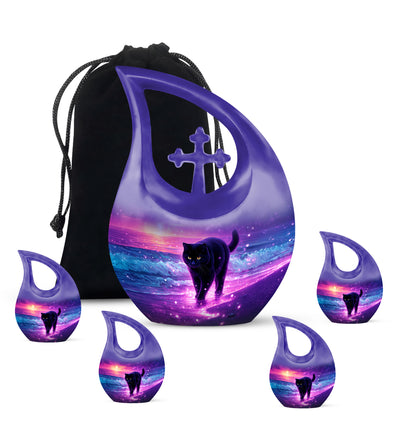 Lavender Purple Cat Cremation Urn urn with complimentary velvet bag - devotional cross-drop cat engraving - memorial set with one large and four small urns