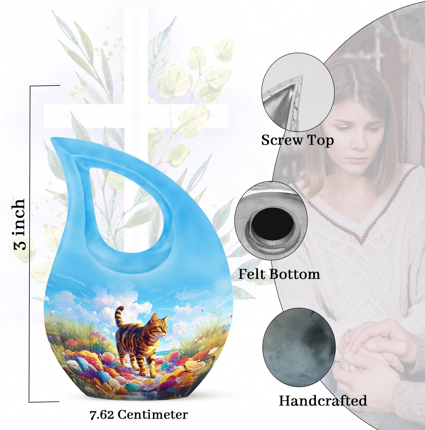 Serene Blue Cat Cremation Urn back view with polished surface - faith-inspired cross-drop urn with cat pattern - mini keepsake memorial for portion of cremation ashes