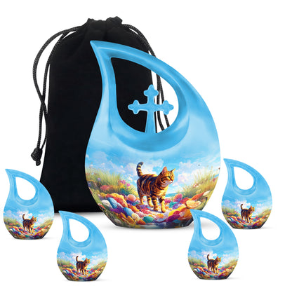 Navy Blue Cat Cremation Urn urn with complimentary velvet bag - sacred cross merged with cat motif on metal - memorial set with one large and four small urns