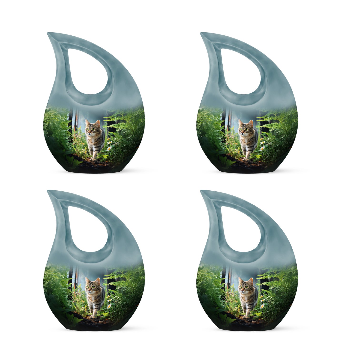 Glossy Black Cat Cremation Urn lifestyle display on memorial shelf - sacred cross merged with cat motif on metal - 10 inch aluminum urn for cremated remains
