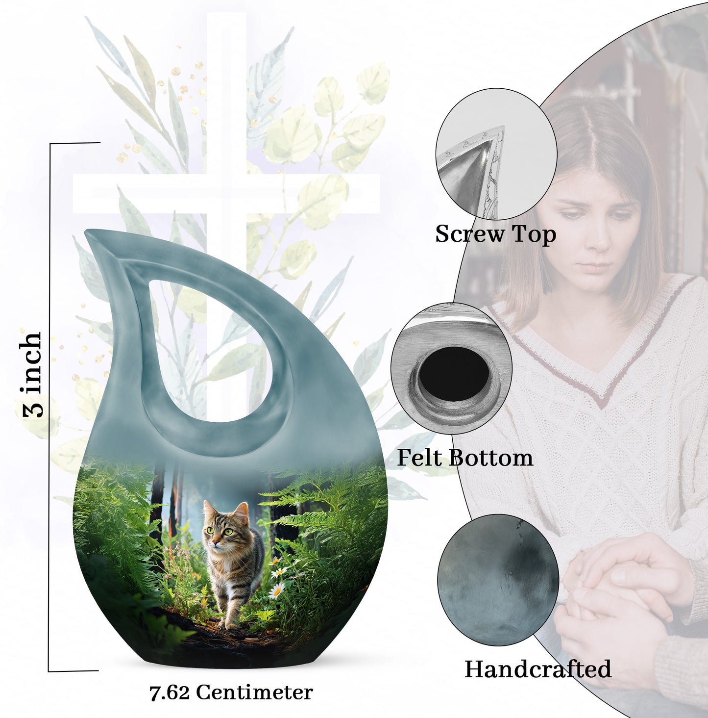 Onyx Black Cat Cremation Urn back view with polished surface - faith-inspired cross-drop urn with cat pattern - mini keepsake memorial for portion of cremation ashes