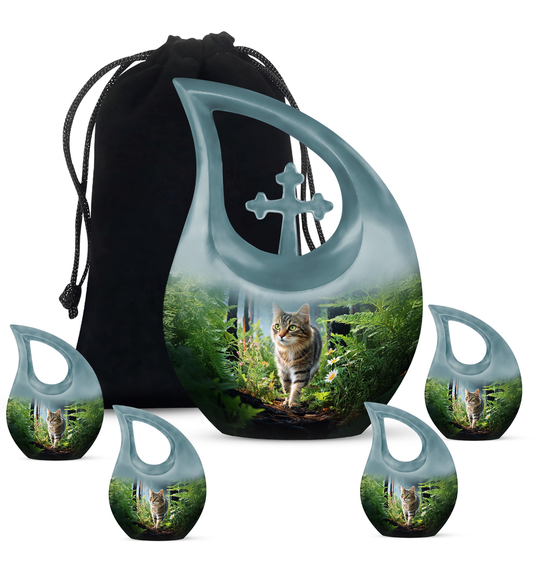 Deep Black Cat Cremation Urn urn with complimentary velvet bag - sacred cross merged with cat motif on metal - memorial set with one large and four small urns