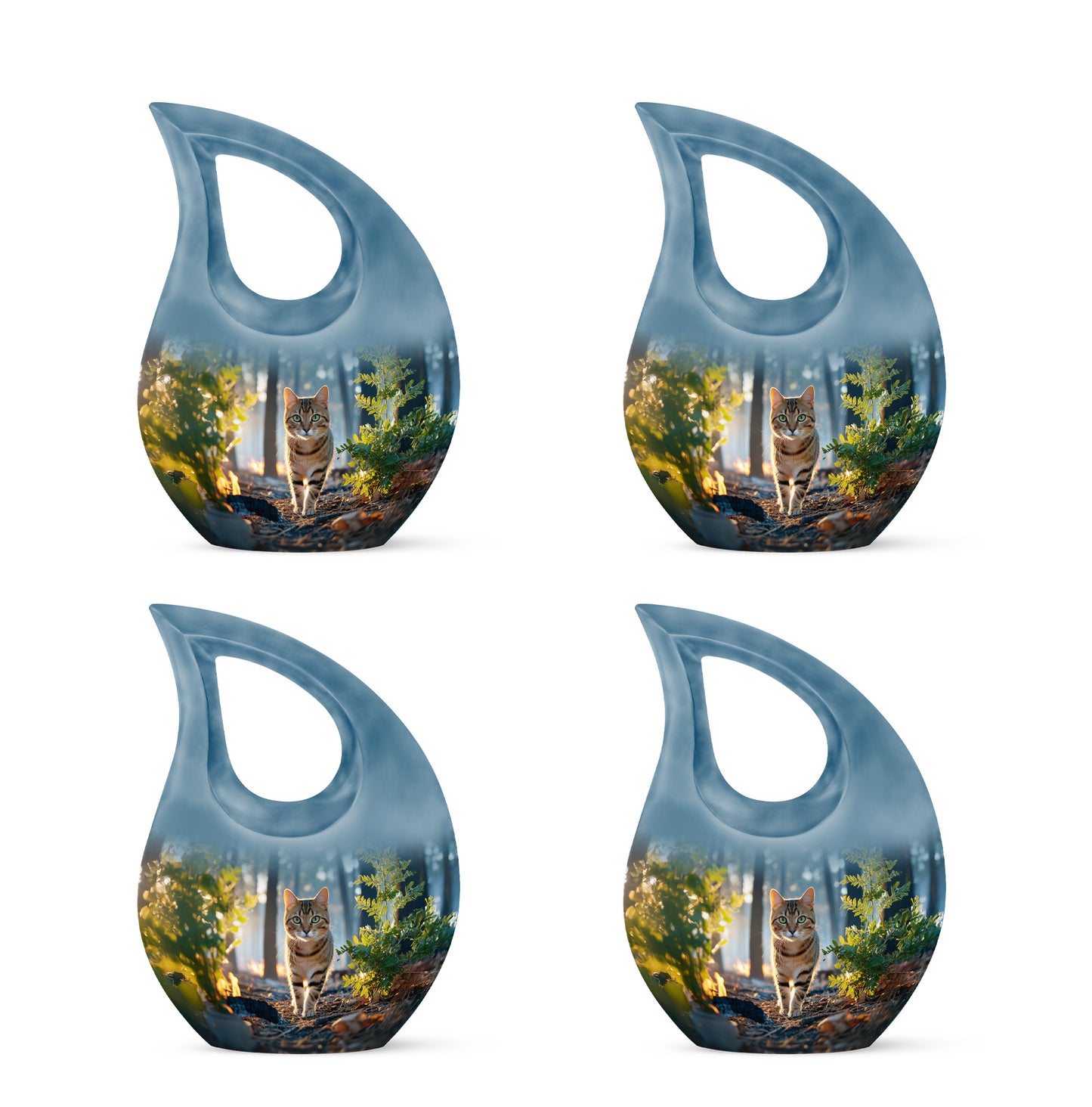 Sapphire Blue Cat Cremation Urn lifestyle display on memorial shelf - devotional cross-drop cat engraving - 10 inch aluminum urn for cremated remains