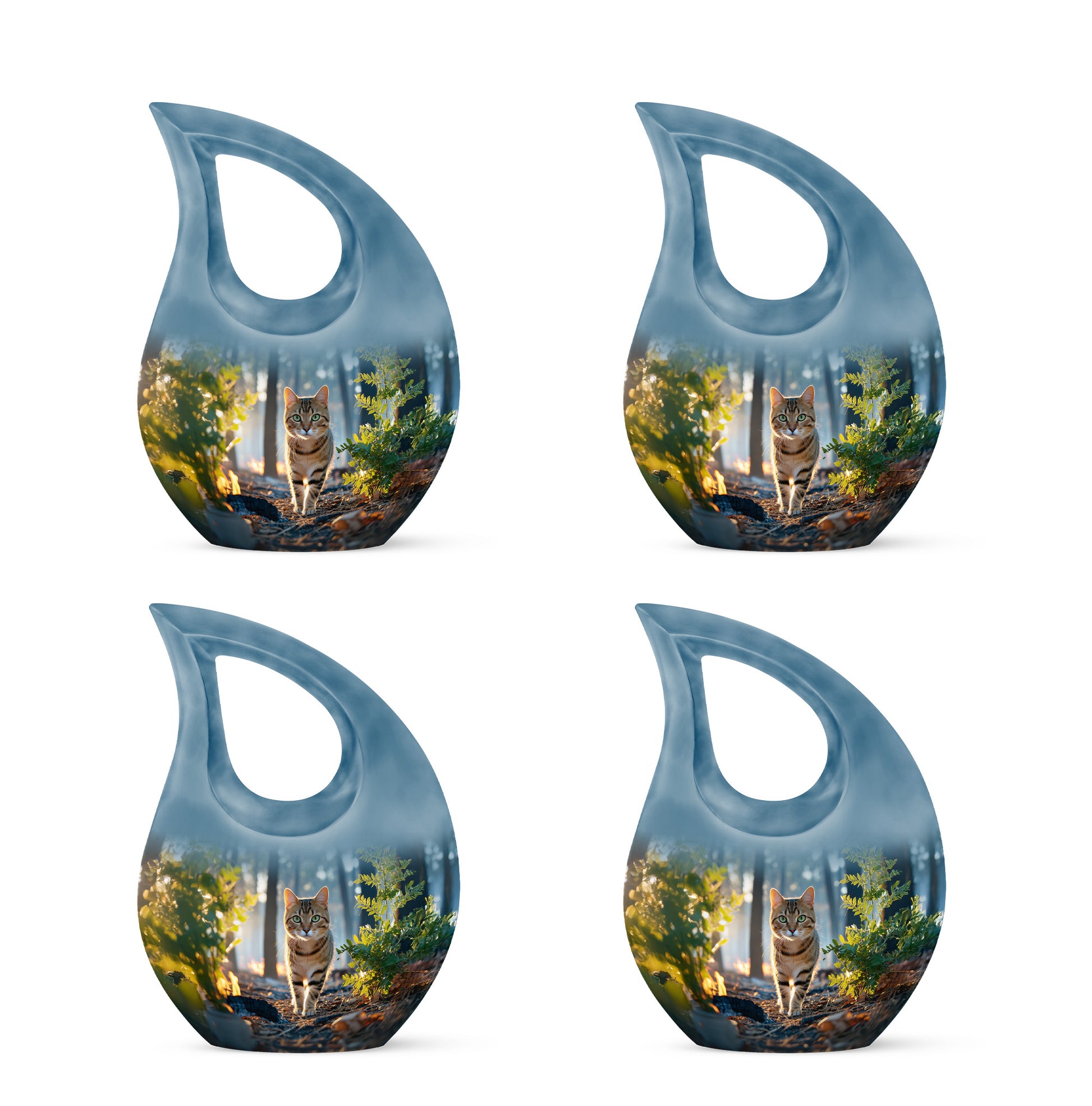Sapphire Blue Cat Cremation Urn lifestyle display on memorial shelf - devotional cross-drop cat engraving - 10 inch aluminum urn for cremated remains
