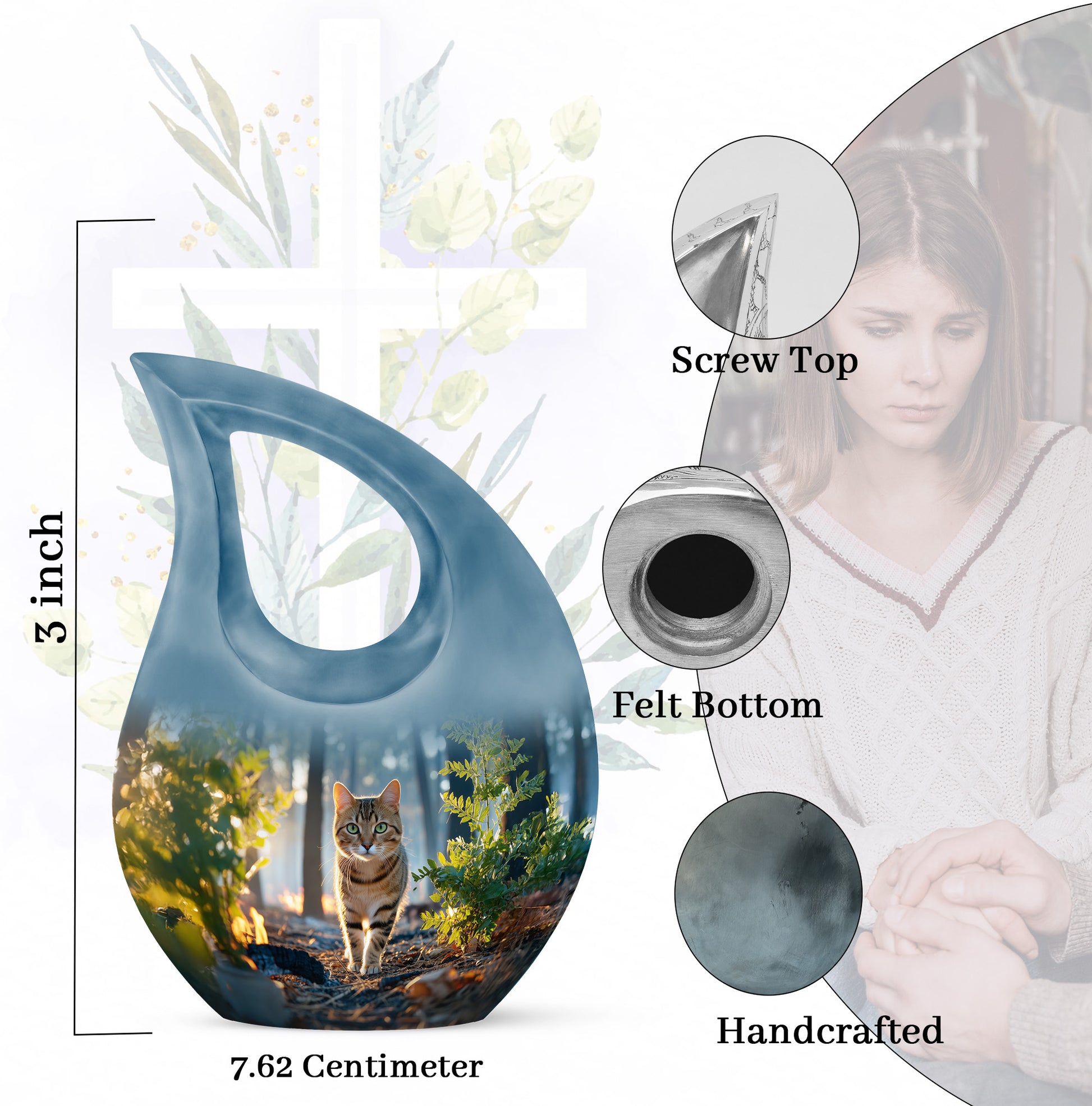 Calming Blue Cat Cremation Urn back view with polished surface - faith-inspired cross-drop urn with cat pattern - mini keepsake memorial for portion of cremation ashes