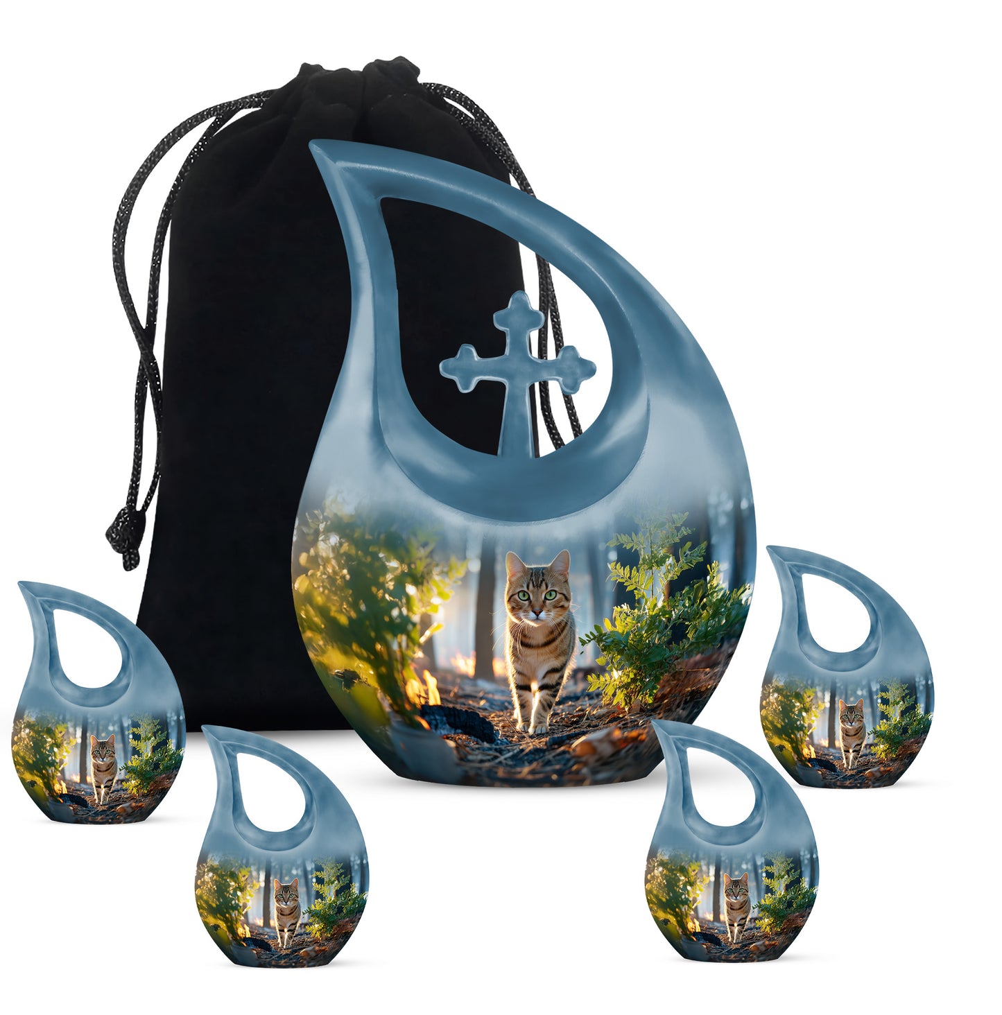Cobalt Blue Cat Cremation Urn urn with complimentary velvet bag - devotional cross-drop cat engraving - memorial set with one large and four small urns