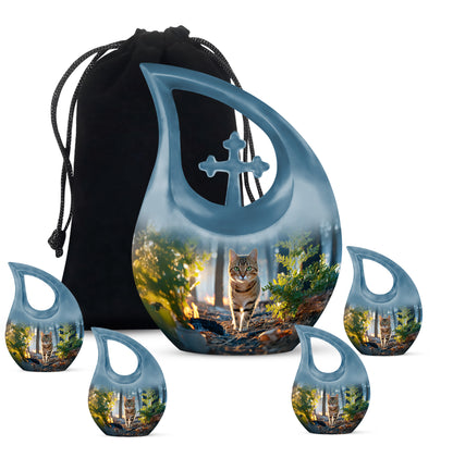 Cobalt Blue Cat Cremation Urn urn with complimentary velvet bag - devotional cross-drop cat engraving - memorial set with one large and four small urns
