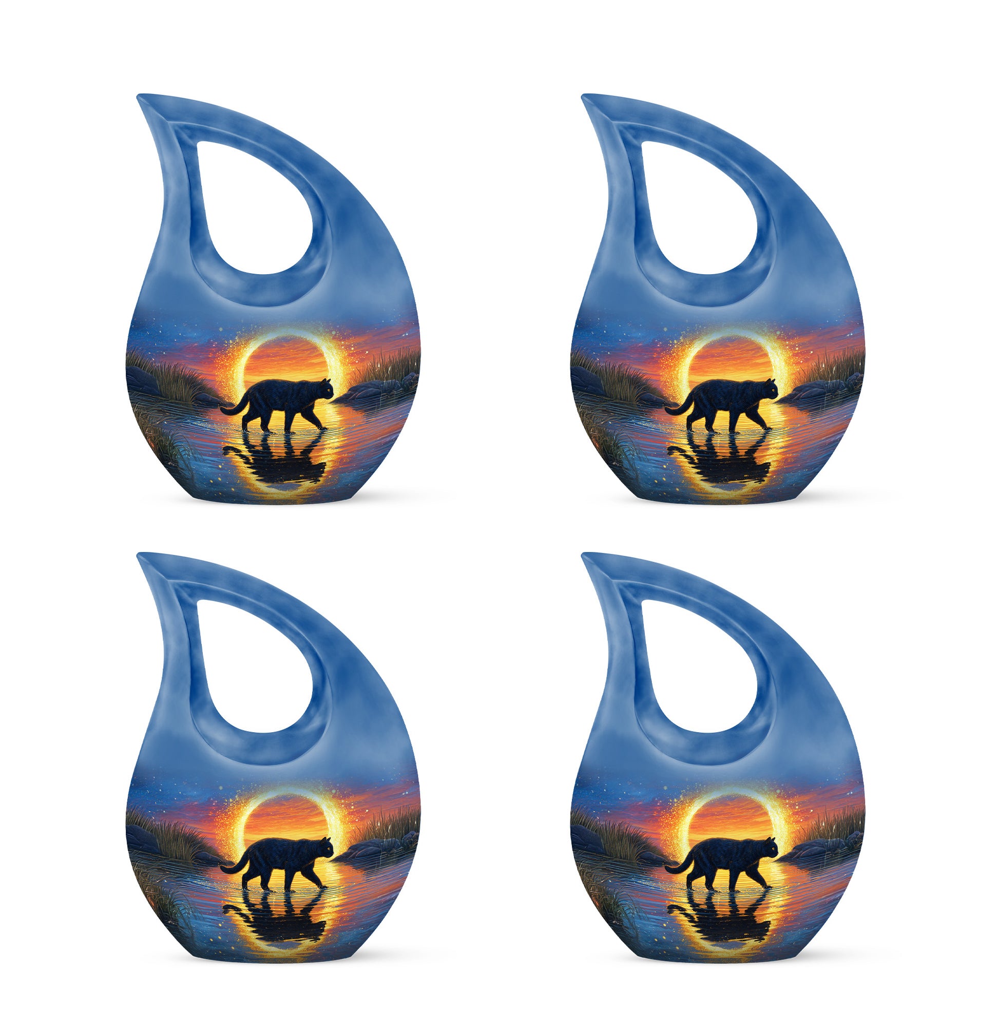 Azure Cat Cremation Urn lifestyle display on memorial shelf - sacred cross merged with cat motif on metal - 10 inch aluminum urn for cremated remains