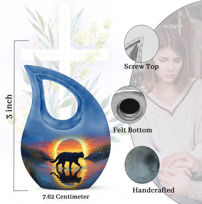 Navy Blue Cat Cremation Urn back view with polished surface - sacred cross merged with cat motif on metal - mini keepsake memorial for portion of cremation ashes