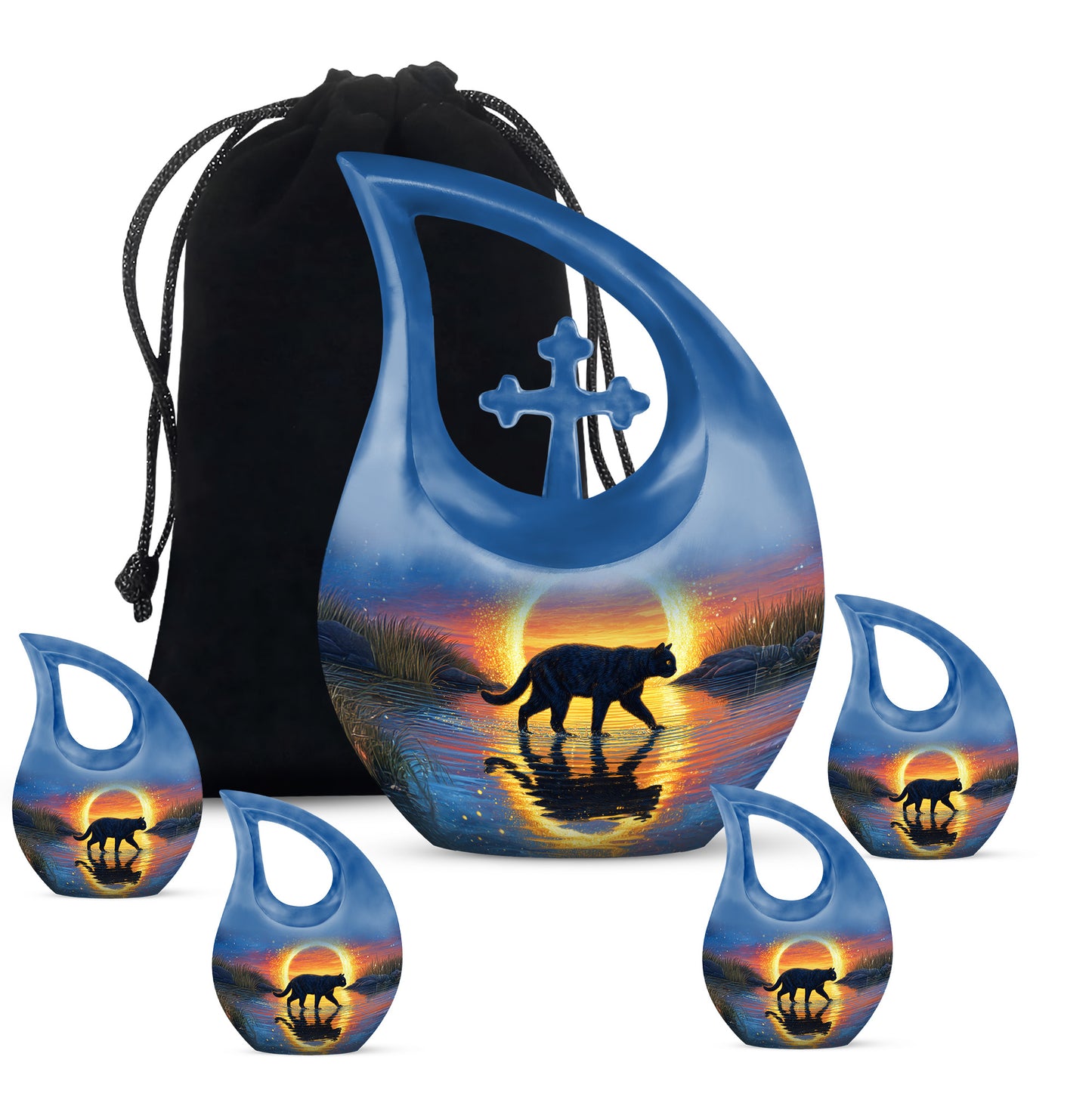Soft Blue Cat Cremation Urn urn with complimentary velvet bag - devotional cross-drop cat engraving - memorial set with one large and four small urns