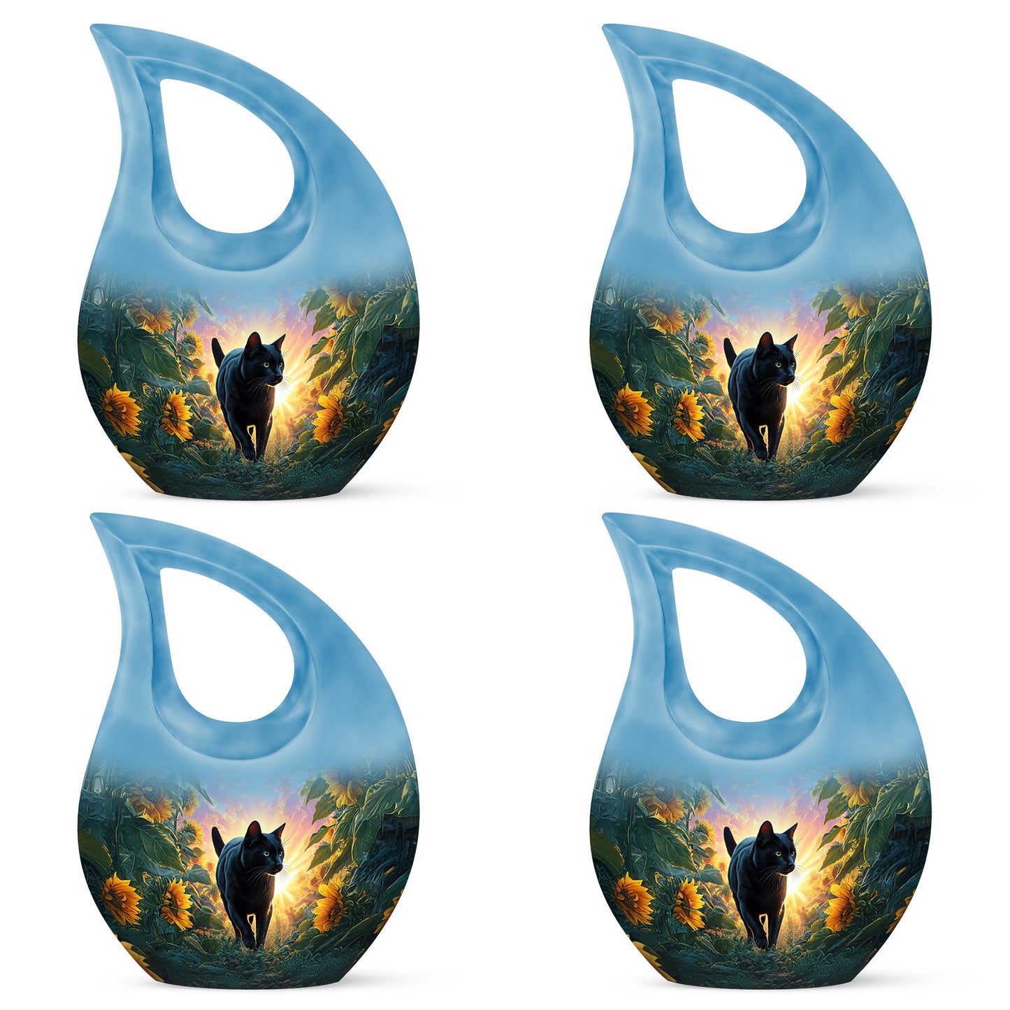 Powder Blue Cat Cremation Urn lifestyle display on memorial shelf - cross and cat combined in spiritual memorial design - 10 inch aluminum urn for cremated remains