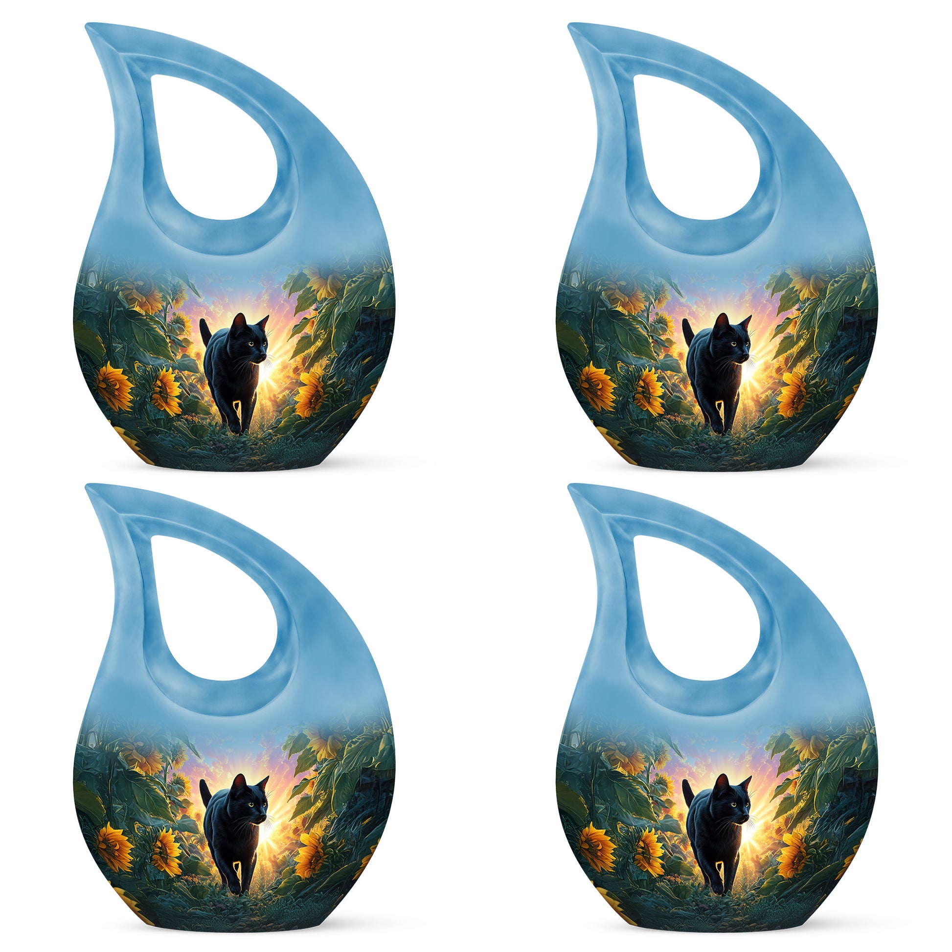 Powder Blue Cat Cremation Urn lifestyle display on memorial shelf - cross and cat combined in spiritual memorial design - 10 inch aluminum urn for cremated remains