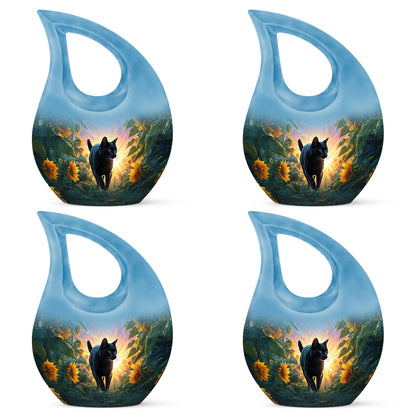 Powder Blue Cat Cremation Urn lifestyle display on memorial shelf - cross and cat combined in spiritual memorial design - 10 inch aluminum urn for cremated remains