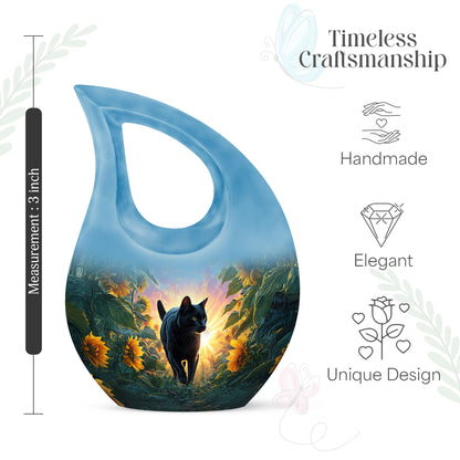 Misty Blue Cat Cremation Urn back view with polished surface - sacred cross merged with cat motif on metal - mini keepsake memorial for portion of cremation ashes