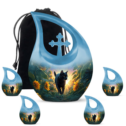 Cobalt Blue Cat Cremation Urn urn with complimentary velvet bag - devotional cross-drop cat engraving - memorial set with one large and four small urns