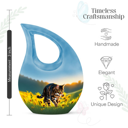 Deep Teal Cat Cremation Urn back view with polished surface - devotional cross-drop cat engraving - mini keepsake memorial for portion of cremation ashes