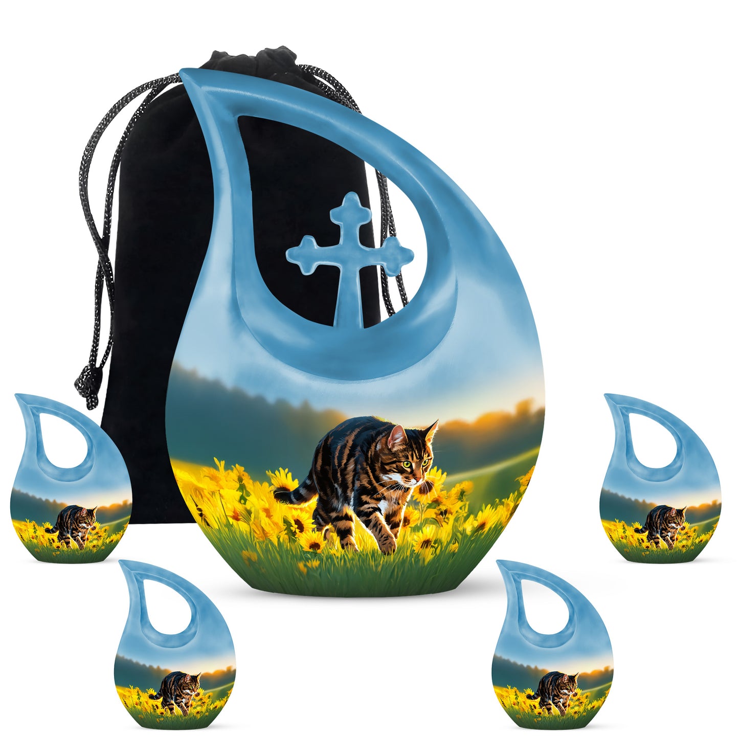 Mystic Teal Cat Cremation Urn urn with complimentary velvet bag - devotional cross-drop cat engraving - memorial set with one large and four small urns