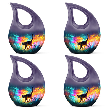 Steel Blue Cat Cremation Urn lifestyle display on memorial shelf - devotional cross-drop cat engraving - 10 inch aluminum urn for cremated remains