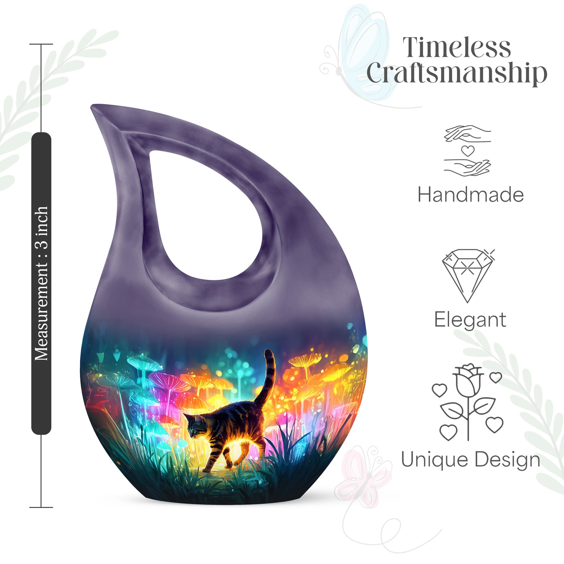 Misty Blue Cat Cremation Urn back view with polished surface - sacred cross merged with cat motif on metal - mini keepsake memorial for portion of cremation ashes