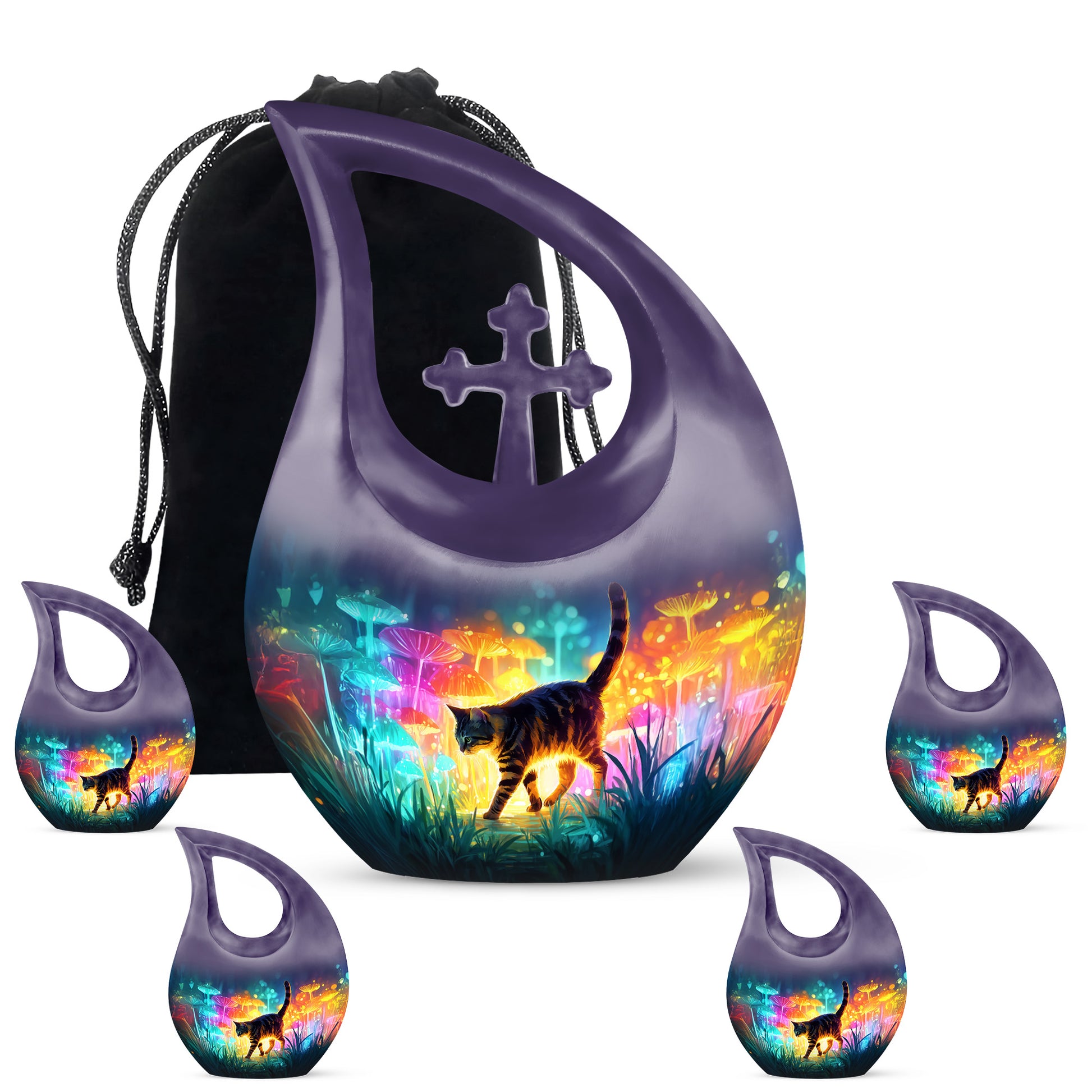 Slate Blue Cat Cremation Urn urn with complimentary velvet bag - sacred cross merged with cat motif on metal - memorial set with one large and four small urns