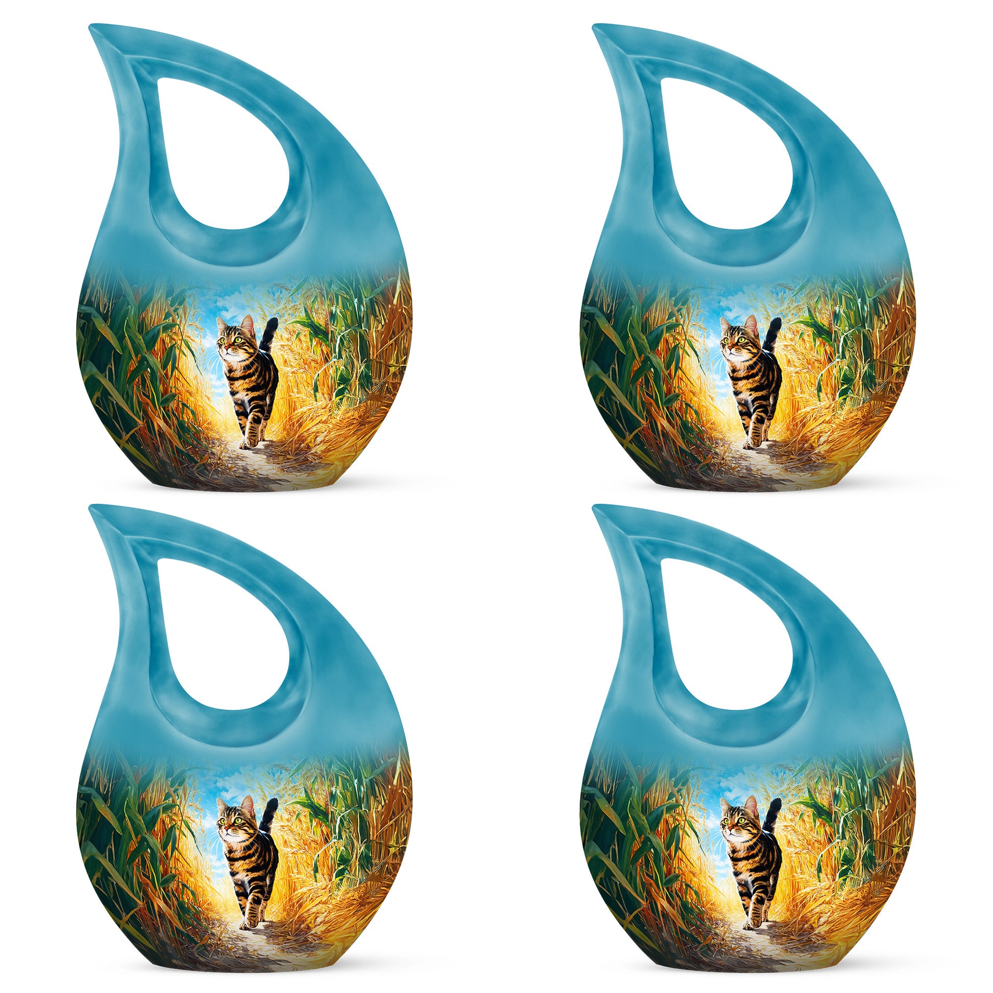 Cool Teal Cat Cremation Urn lifestyle display on memorial shelf - cross and cat combined in spiritual memorial design - 10 inch aluminum urn for cremated remains