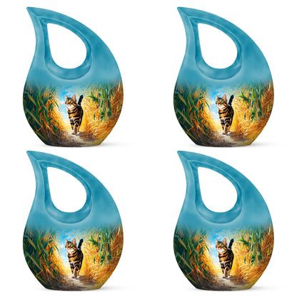 Cool Teal Cat Cremation Urn lifestyle display on memorial shelf - cross and cat combined in spiritual memorial design - 10 inch aluminum urn for cremated remains