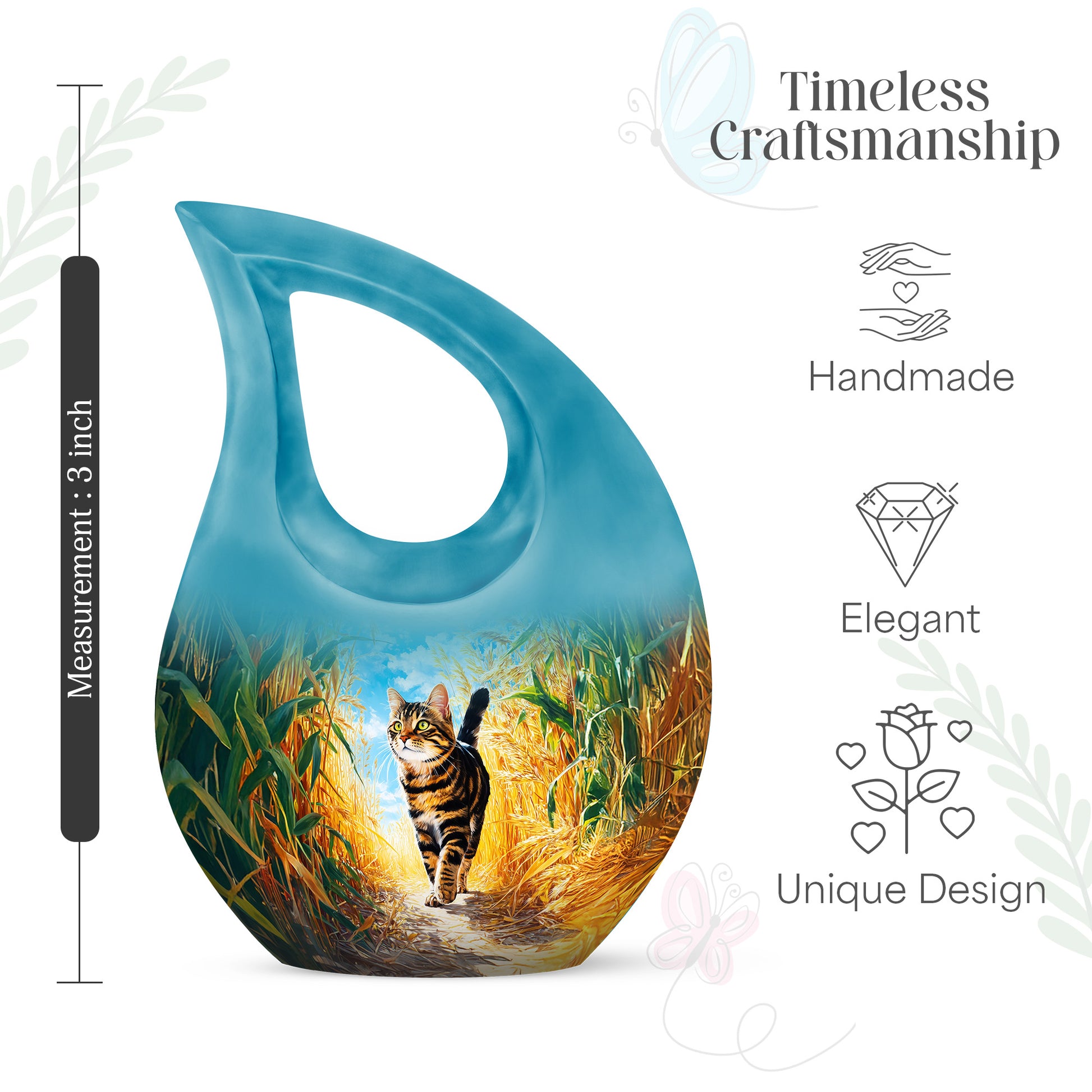 Vivid Teal Cat Cremation Urn back view with polished surface - devotional cross-drop cat engraving - mini keepsake memorial for portion of cremation ashes