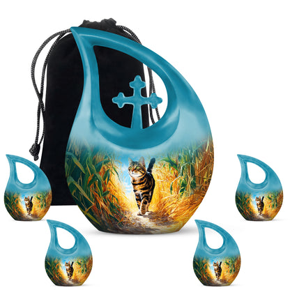Ocean Teal Cat Cremation Urn urn with complimentary velvet bag - cross and cat combined in spiritual memorial design - memorial set with one large and four small urns
