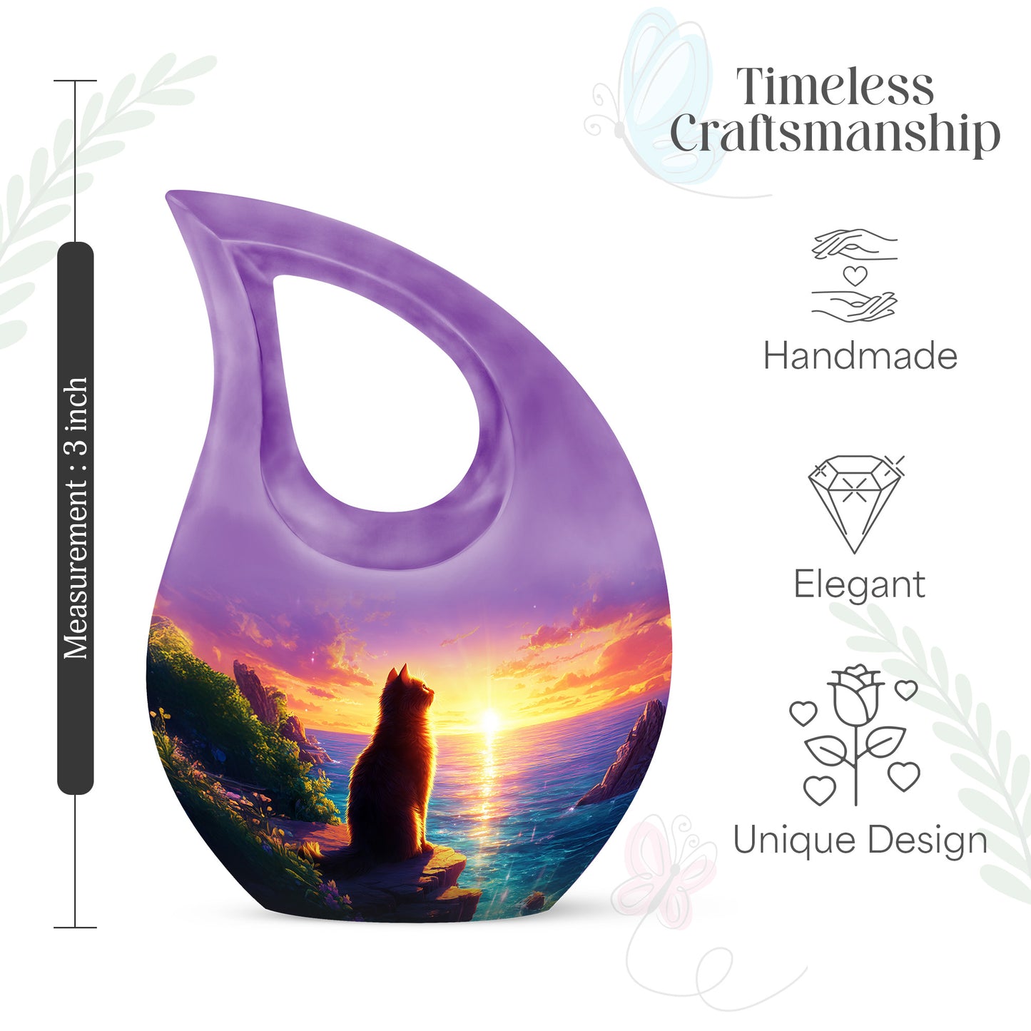 Coral Pink Cat Cremation Urn back view with polished surface - cross and cat combined in spiritual memorial design - mini keepsake memorial for portion of cremation ashes
