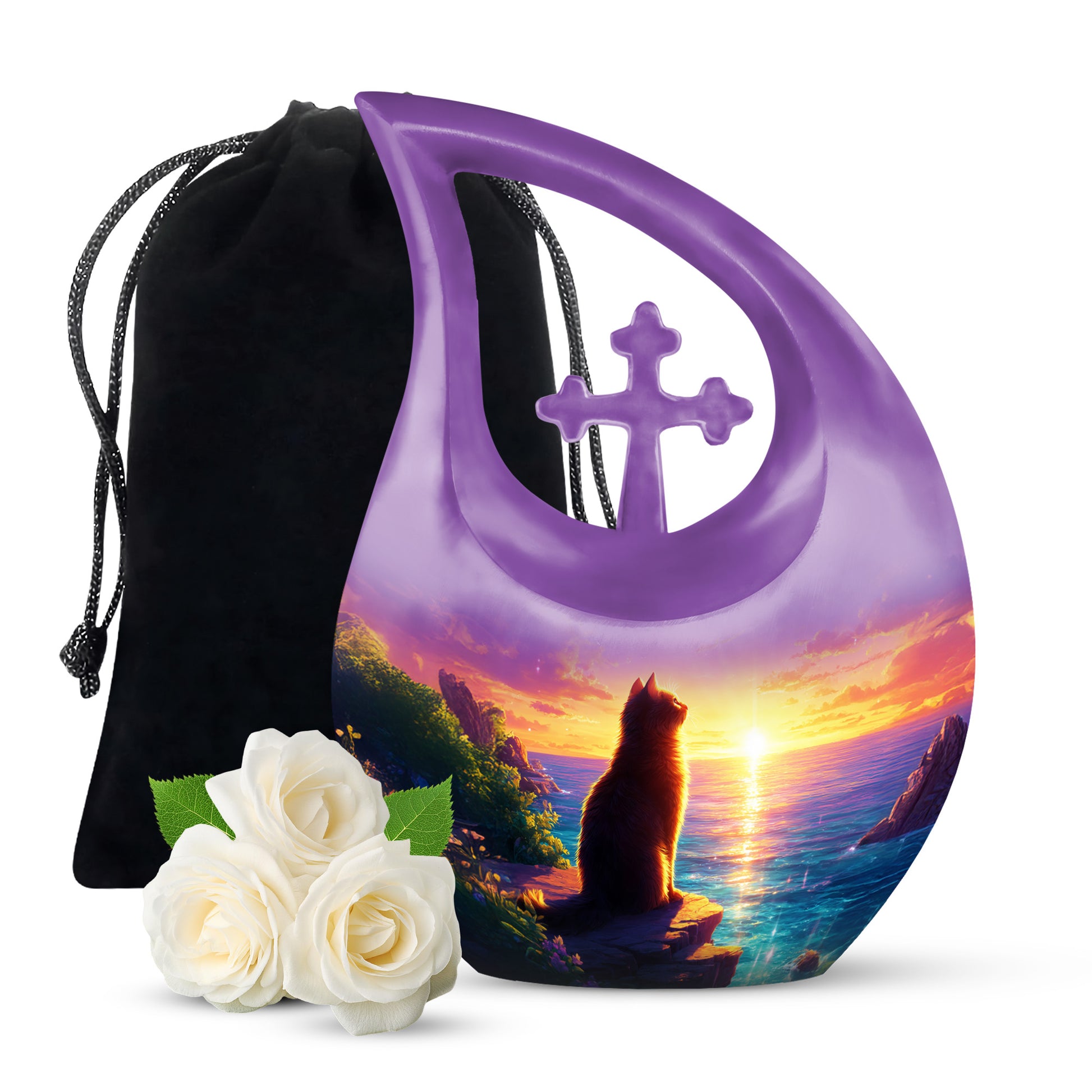 Salmon Pink Cat Cremation Urn top-down view of secure threaded lid - faith-inspired cross-drop urn with cat pattern - full-size 10 inch 200 cubic inch adult cremation urn