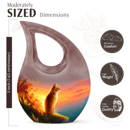 Ocean Teal Cat Cremation Urn back view with polished surface - sacred cross merged with cat motif on metal - mini keepsake memorial for portion of cremation ashes