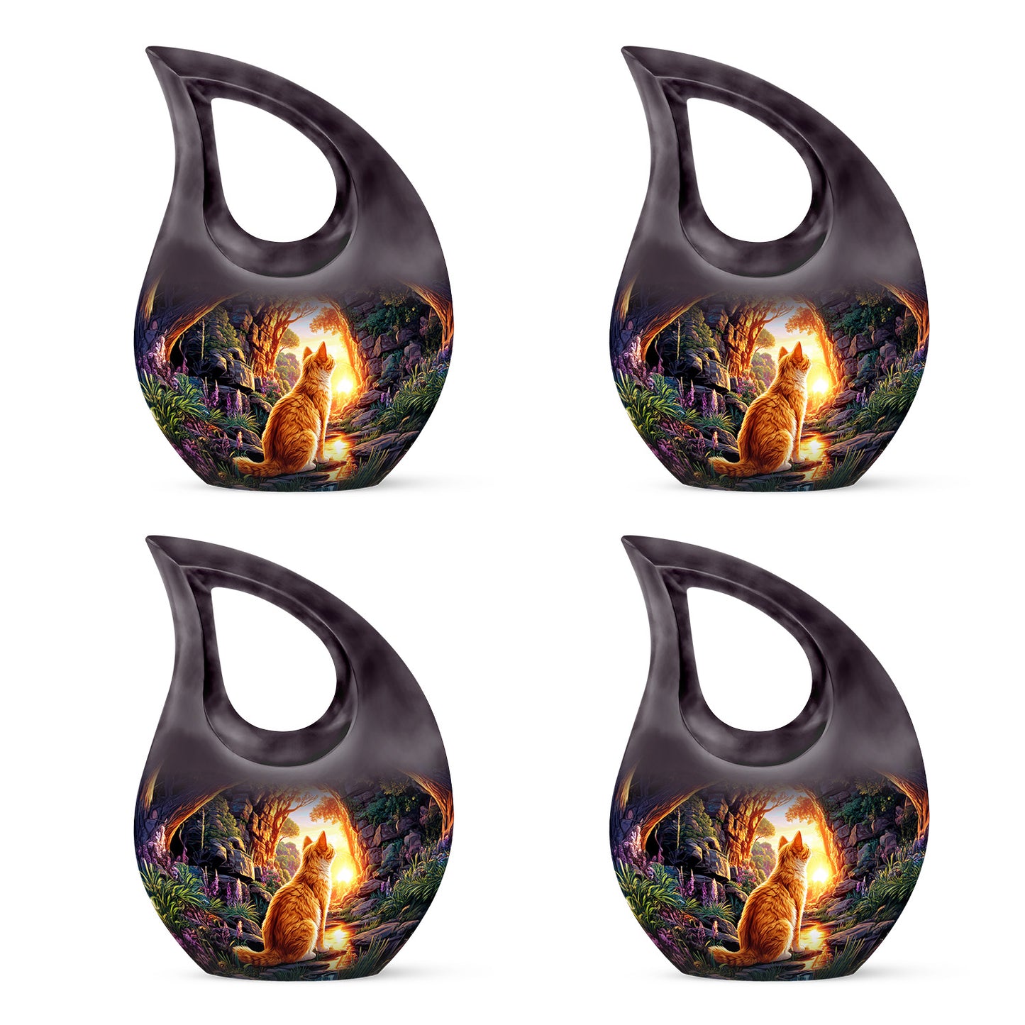 Violet Purple Cat Cremation Urn lifestyle display on memorial shelf - faith-inspired cross-drop urn with cat pattern - 10 inch aluminum urn for cremated remains