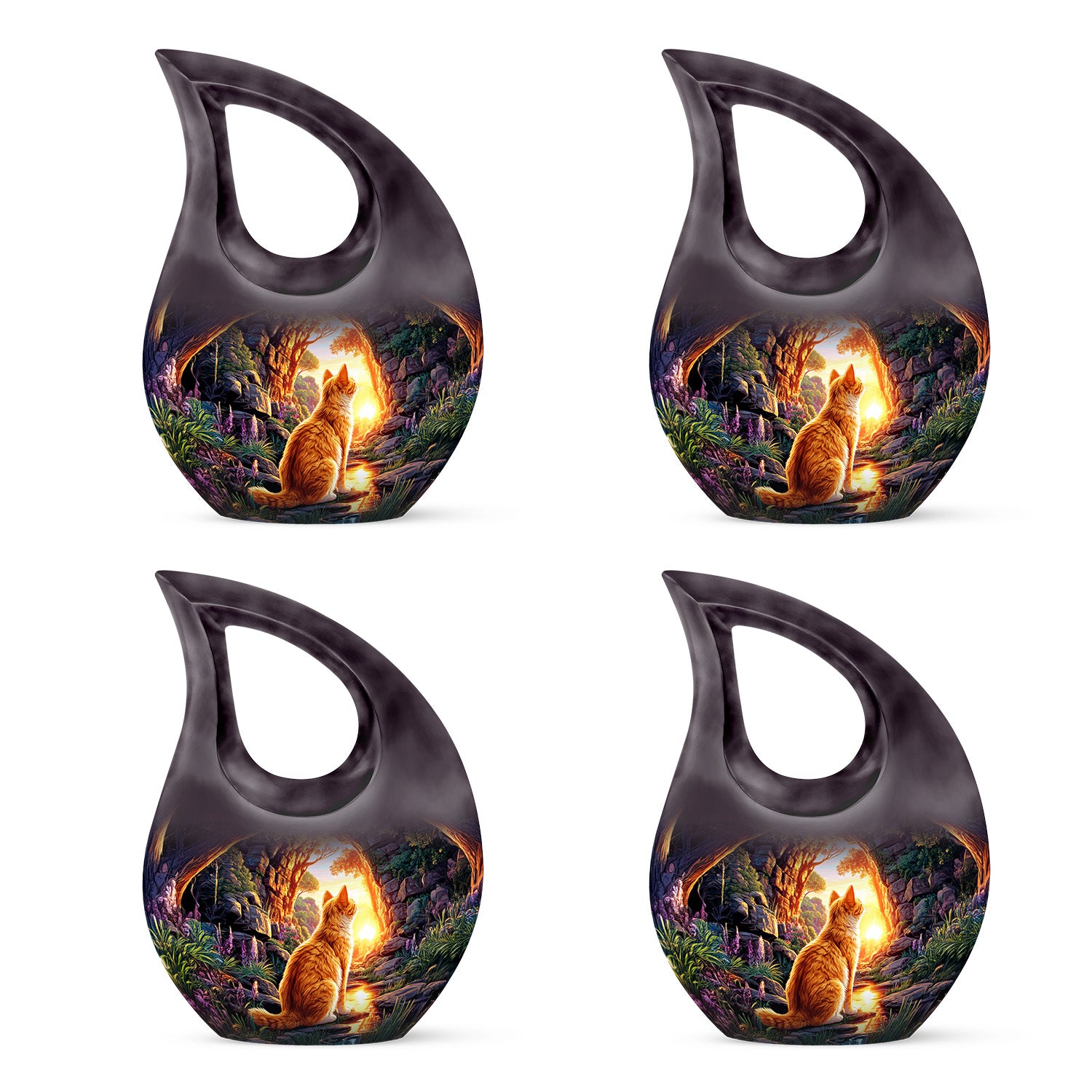 Violet Purple Cat Cremation Urn lifestyle display on memorial shelf - faith-inspired cross-drop urn with cat pattern - 10 inch aluminum urn for cremated remains